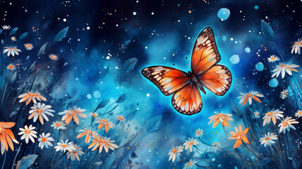 bright colorful tropical butterfly in a mysterious forest against the backdrop of the cosmic starry sky