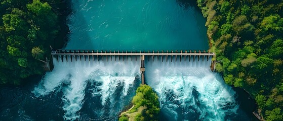 Aerial view of a hydroelectric dam generating green energy from water flow. Concept Hydroelectric Power, Dam Infrastructure, Renewable Energy, Aerial Photography, Water Flow