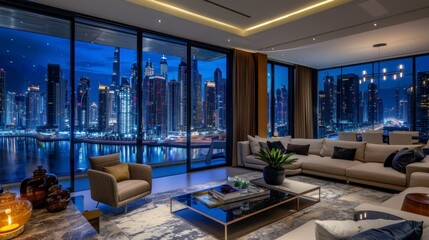 beautiful view from a luxury apartment in Dubai at night - obrazy, fototapety, plakaty