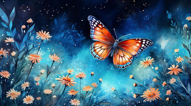 bright colorful tropical butterfly in a mysterious forest against the backdrop of the cosmic starry sky