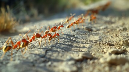 A group of ants marching in a line carrying small bits of vegetation despite the barren surroundings. - obrazy, fototapety, plakaty