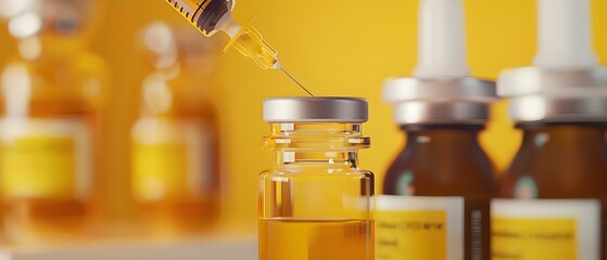 Injecting Yellow Liquid into Opioid Vial with Crisis in Background. Concept Drug Addiction, Substance Abuse, Opioid Epidemic, Health Crisis, Addiction Treatment - obrazy, fototapety, plakaty