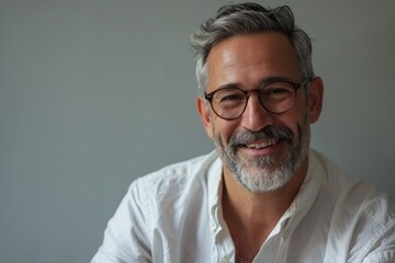 Portrait of handsome mature man with grey hair and beard wearing glasses - obrazy, fototapety, plakaty