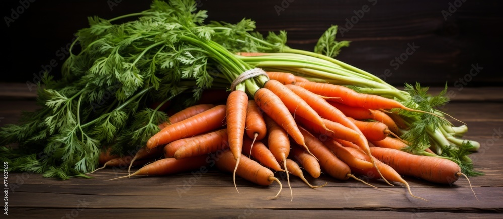 Canvas Prints a colorful assortment of fresh carrots with vibrant greens displayed on a rustic wooden table