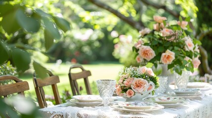 A picturesque outdoor garden party with crisp white tablecloths topped with delicate lace runners vintage china plates and blooming . .