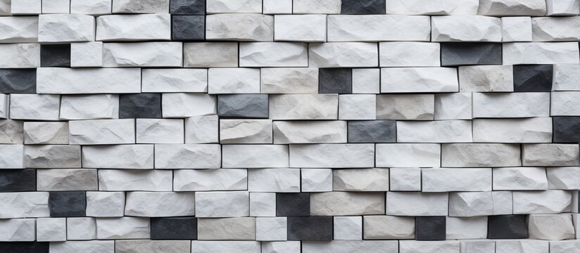 Black and white bricks are closely stacked to form a textured wall in a monochromatic color scheme