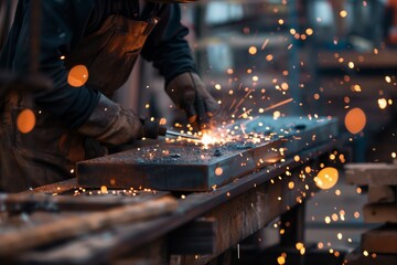 Close-up view of a skilled worker&rsquo;s hands welding metal rods together, with intense sparks flying from the point of contact.