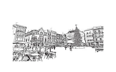 Print Building view with landmark of Reus is the city in Spain. Hand drawn sketch illustration in vector.