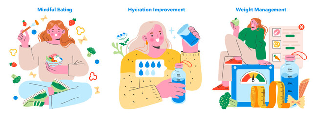 Healthy Lifestyle Choices set. Engaging visuals on mindful eating, improving hydration, and managing weight with a balanced diet. Vector illustration