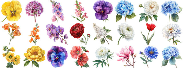 Watercolor flower set isolated background. Various floral collection of nature blooming flower clip art illustration element for retro flora wedding or romantic valentine card. crisp edges cut out. - obrazy, fototapety, plakaty