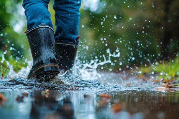 ゴム製の長靴をはいて、水溜りに水をはねかけるクローズアップ-生成AI