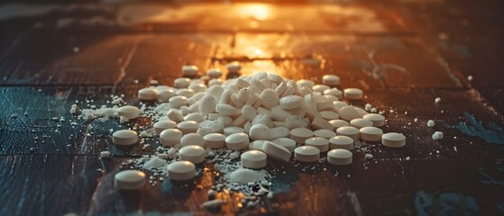 Pills scattered on a table symbolizing the widespread issue of opioid addiction and resulting crisis. Concept Opioid Epidemic, Drug Abuse, Health Crisis, Substance Addiction, Public Health Issue
