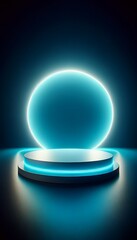 rounded podium, enveloped in darkness with neon lighs. 3d stage for product display. an abstract platform for product presentation. podium for advertisement. tech products mockup. empty studio room