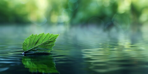 A single green leaf gracefully floats on the surface of the water - 774528817