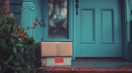 Several boxes are piled up neatly outside a blue door