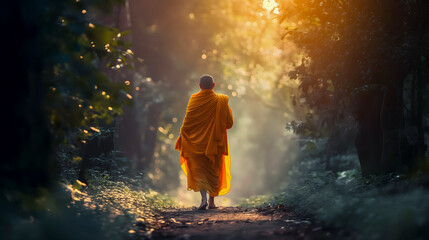 Back view of a monk walking in the forest to receive food in the morning in Thailand - obrazy, fototapety, plakaty