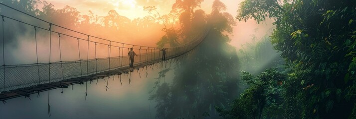 Two mans is walking across a suspension bridge that spans a river, with sturdy cables and metal...