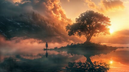 Beautiful landscape with a lonely tree on the lake at sunset. - obrazy, fototapety, plakaty