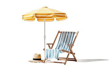 Beach Chair Setup with Towel and Sun Hat Isolated On Transparent Background Or PNG.