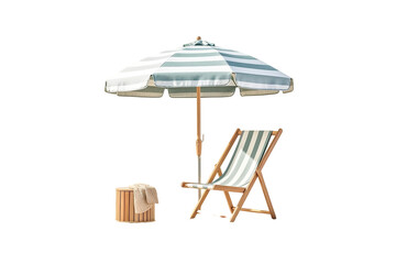 Realistic Beach Chair Setup with Towel and Sun Hat Isolated On Transparent Background Or PNG.