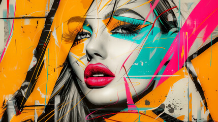 Woman with red lips and dramatic eye makeup.. Woman's face with monochrome and color pop art elements, geometric shapes and textures - 774529083