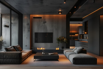 Stylish contemporary design of modern apartment in dark black colors with concrete elements