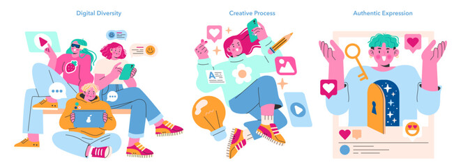 Social Media Engagement set. Colorful scenes depicting digital diversity, the creative process, and authentic expression online. Celebrating creativity in the virtual space. Vector illustration