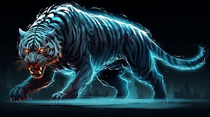 Naklejka premium A Majestic Yet Frustrating Encounter with an Ice Tiger, Its Eyes Glowing with an Unearthly Light, in a Surreal, Frozen Wilderness
