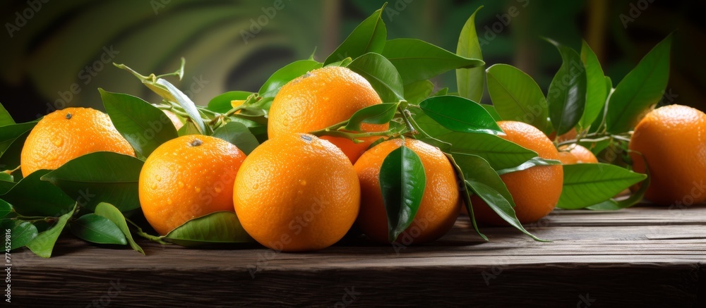 Poster numerous ripe oranges are displayed on a rustic wooden table, creating a vibrant and healthy arrange