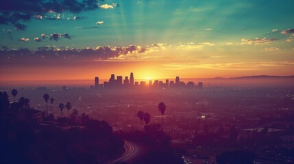 beautiful sunset in Los Angeles view of downtown - obrazy, fototapety, plakaty