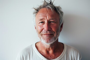 Portrait of senior man with grey hair and white t-shirt
