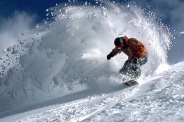 Naklejka na ściany i meble A snowboarder carving through fresh powder, leaving behind a trail of exhilaration.