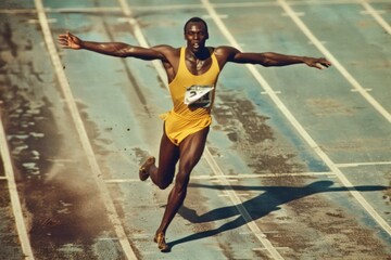 A sprinter crossing the finish line with arms raised triumphantly, victory captured in motion.