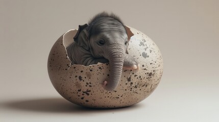 An imaginative depiction of a newborn elephant peeking out from a cracked, oversized egg, symbolizing birth and beginnings.