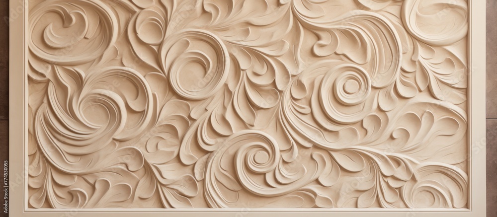 Poster an old, weathered wall displaying an intricate ornamental design in close-up view, showcasing rustic