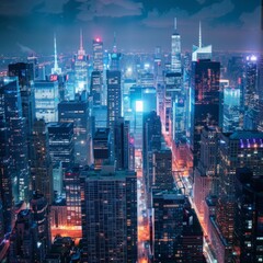 A vibrant cityscape at night, with skyscrapers towering overhead and twinkling lights stretching as far as the eye can see, creating a dazzling urban panorama.