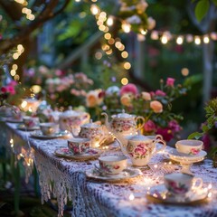 A whimsical garden tea party, with dainty tea cups and saucers arranged on lace-covered tables, surrounded by twinkling fairy lights and blooming flowers.