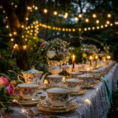 A whimsical garden tea party, with dainty tea cups and saucers arranged on lace-covered tables, surrounded by twinkling fairy lights and blooming flowers. - obrazy, fototapety, plakaty