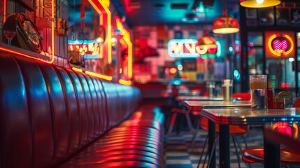 A retrothemed diner filled with vintage neon signs adding a touch of nostalgia and charm to the diners atmosphere. . .
