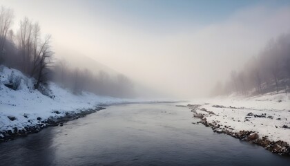 Mountain river. Snow. Fog. View from afar. Realistic photography.