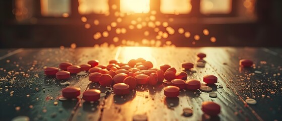 Pills scattered on a table symbolize the opioid epidemic and addiction crisis. Concept Drug Abuse, Opioid Crisis, Addiction Awareness, Public Health, Substance Misuse - obrazy, fototapety, plakaty