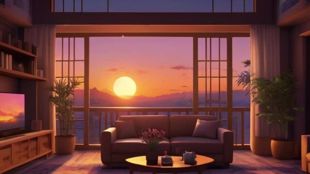 Animated virtual backgrounds islamic room, stream overlay loop, cozy lo-fi living room at sunset, vtuber asset twitch zoom OBS screen, anime chill hip hop