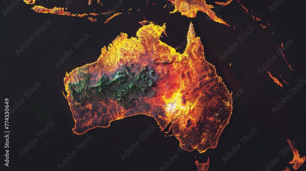 Poster a map of australia is displayed in the dark, illuminated with soft light, highlighting its geographi