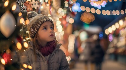 A girl with a look of awe as she steps into a store filled with twinkling holiday decorations  AI generated illustration