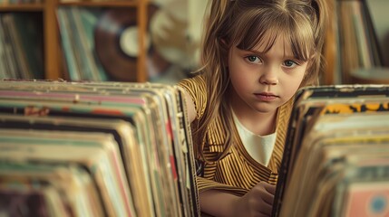 A girl with a look of determination as she searches through a collection of vintage vinyl records  AI generated illustration