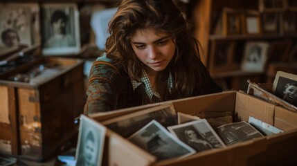 A girl with a sense of nostalgia as she sifts through a box of old family photographs at an antique shop  AI generated illustration