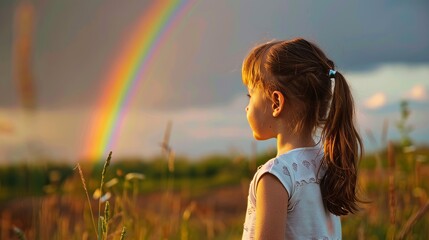 A girl with a serene smile admiring a rainbow after a storm  raw AI generated illustration
