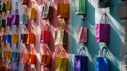 A wall adorned with a delightful assortment of shopping bags  raw AI generated illustration