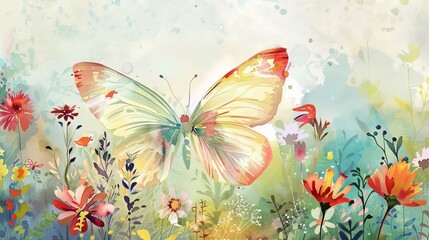 A watercolor butterfly with delicate wings in a garden of colorful flowers  AI generated illustration