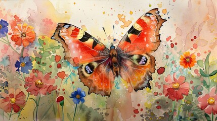 A watercolor butterfly with delicate wings in a garden of colorful flowers  AI generated illustration